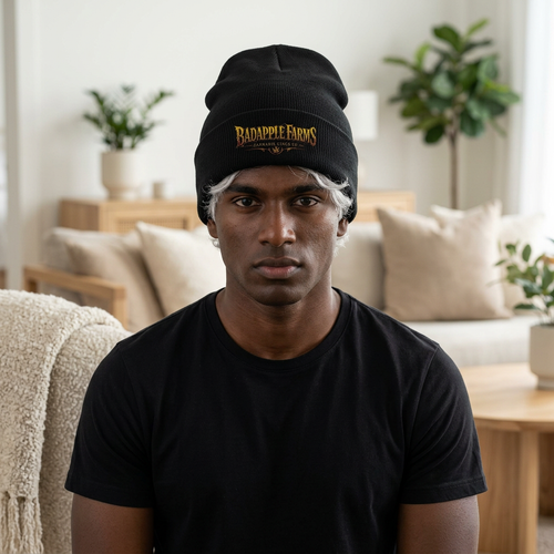 BadApple Farms logo cuff beanie in soft 100% acrylic knit with folded cuff and stretch fit winter hat