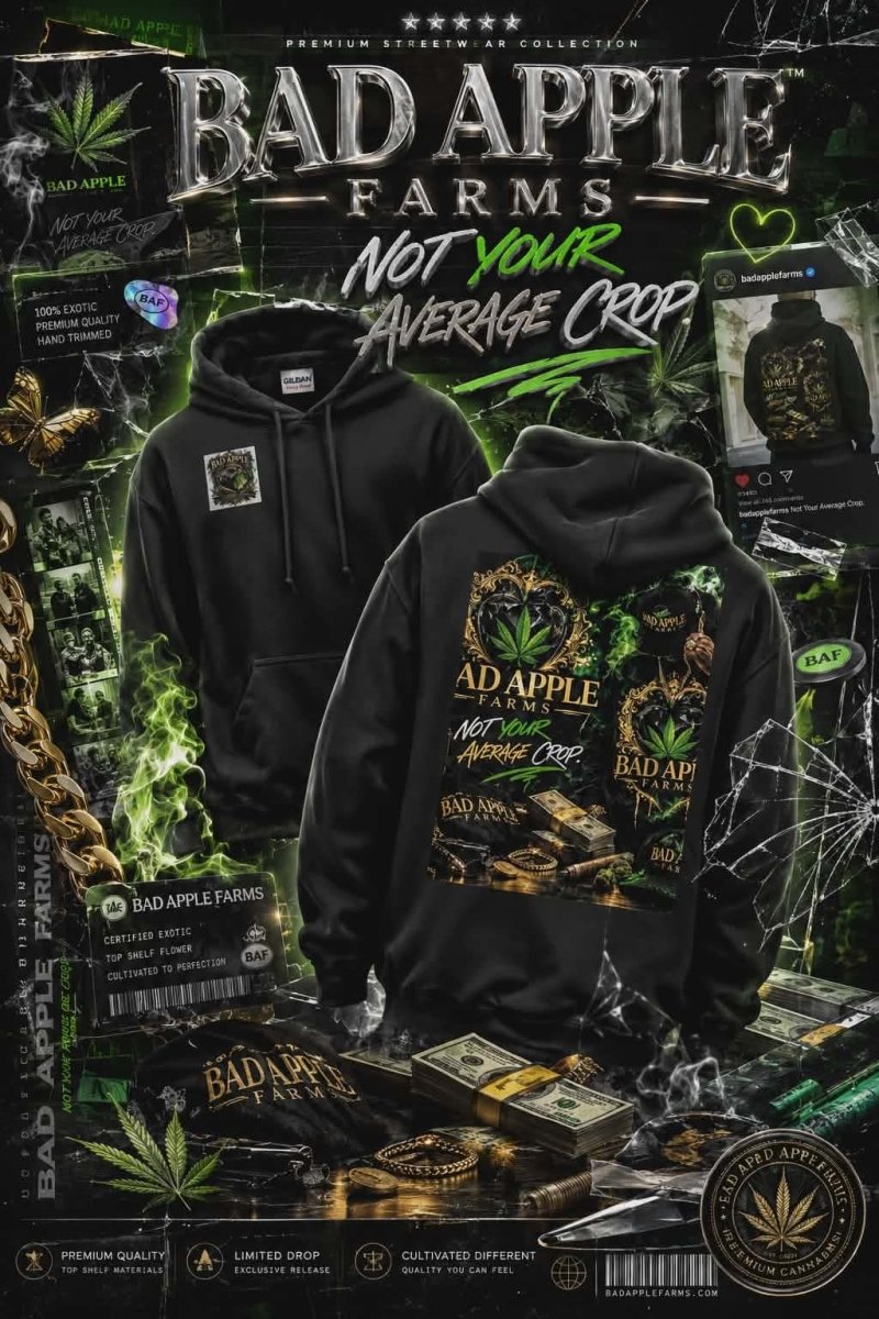 Bad Apple Cannabis Hoodie — Retro Green Leaf Graphic Pullover - BadApple Farms Cannabis Kings Co. By Golden Apple Connections