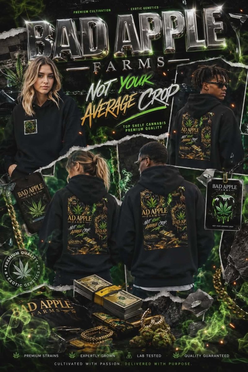 Bad Apple Cannabis Hoodie — Retro Green Leaf Graphic Pullover - BadApple Farms Cannabis Kings Co. By Golden Apple Connections