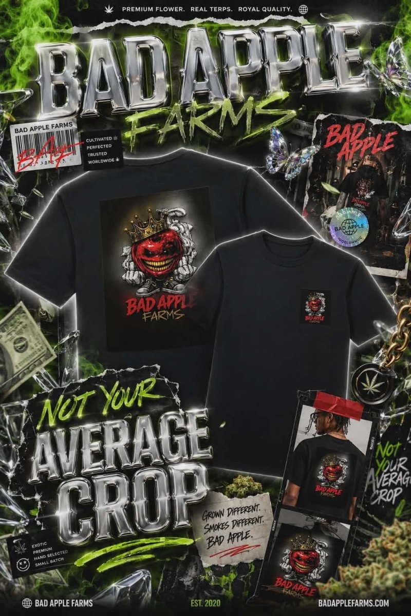 Bad Apple Farms Graphic Tee — Creepy Grinning Apple with Crown - BadApple Farms Cannabis Kings Co. By Golden Apple Connections
