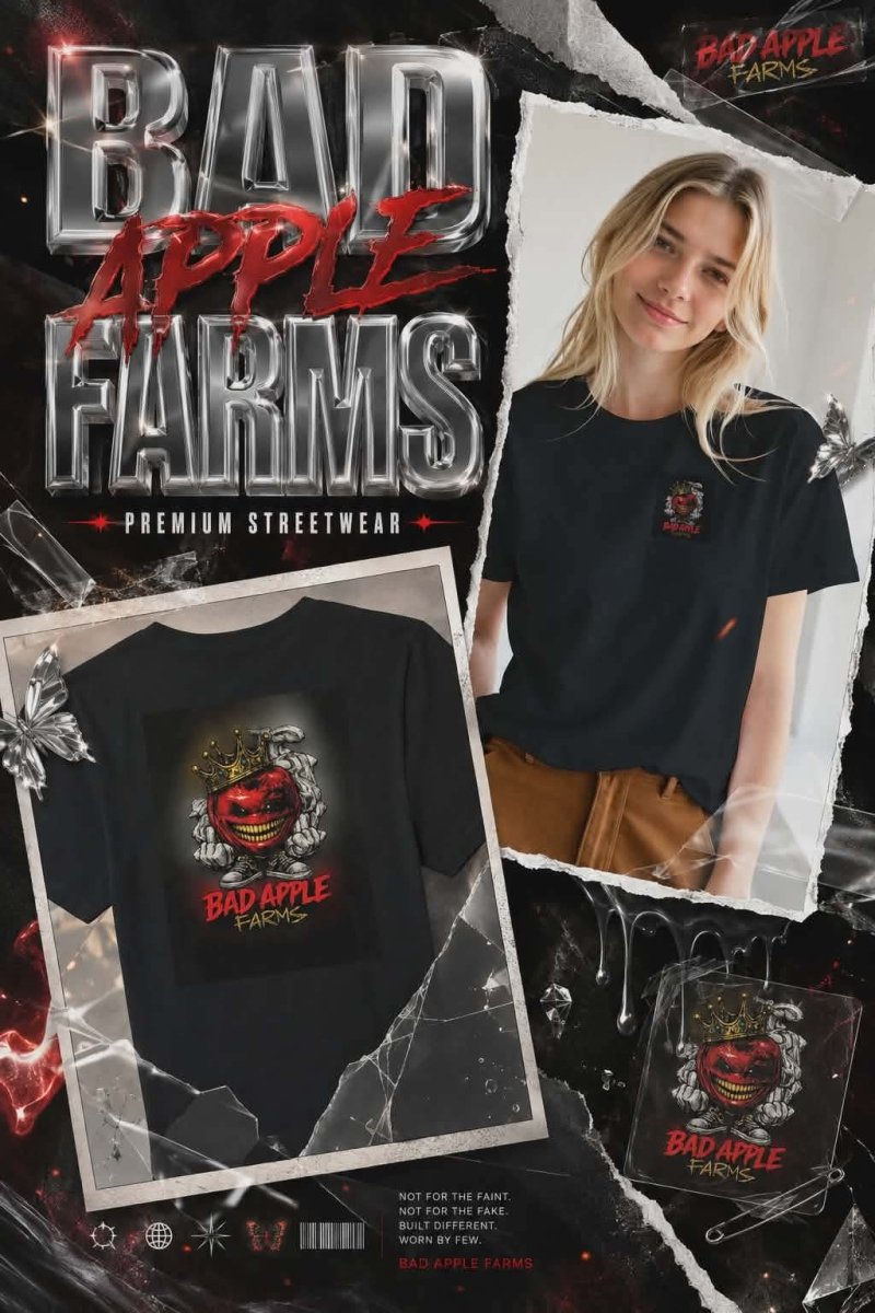 Bad Apple Farms Graphic Tee — Creepy Grinning Apple with Crown - BadApple Farms Cannabis Kings Co. By Golden Apple Connections