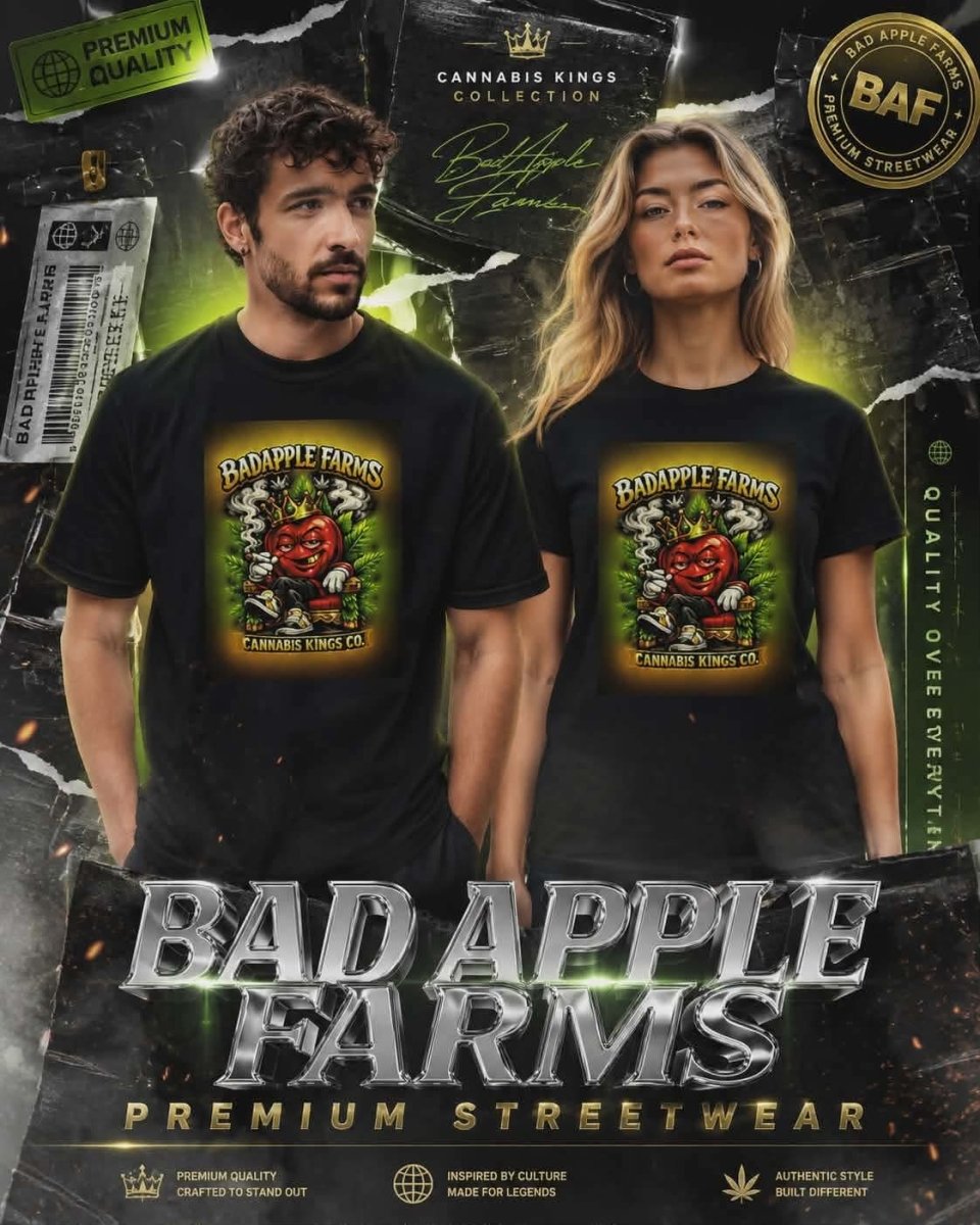 Bad Apple Farms T-Shirt — Crowned Grinning Apple Graphic Tee - BadApple Farms Cannabis Kings Co. By Golden Apple Connections