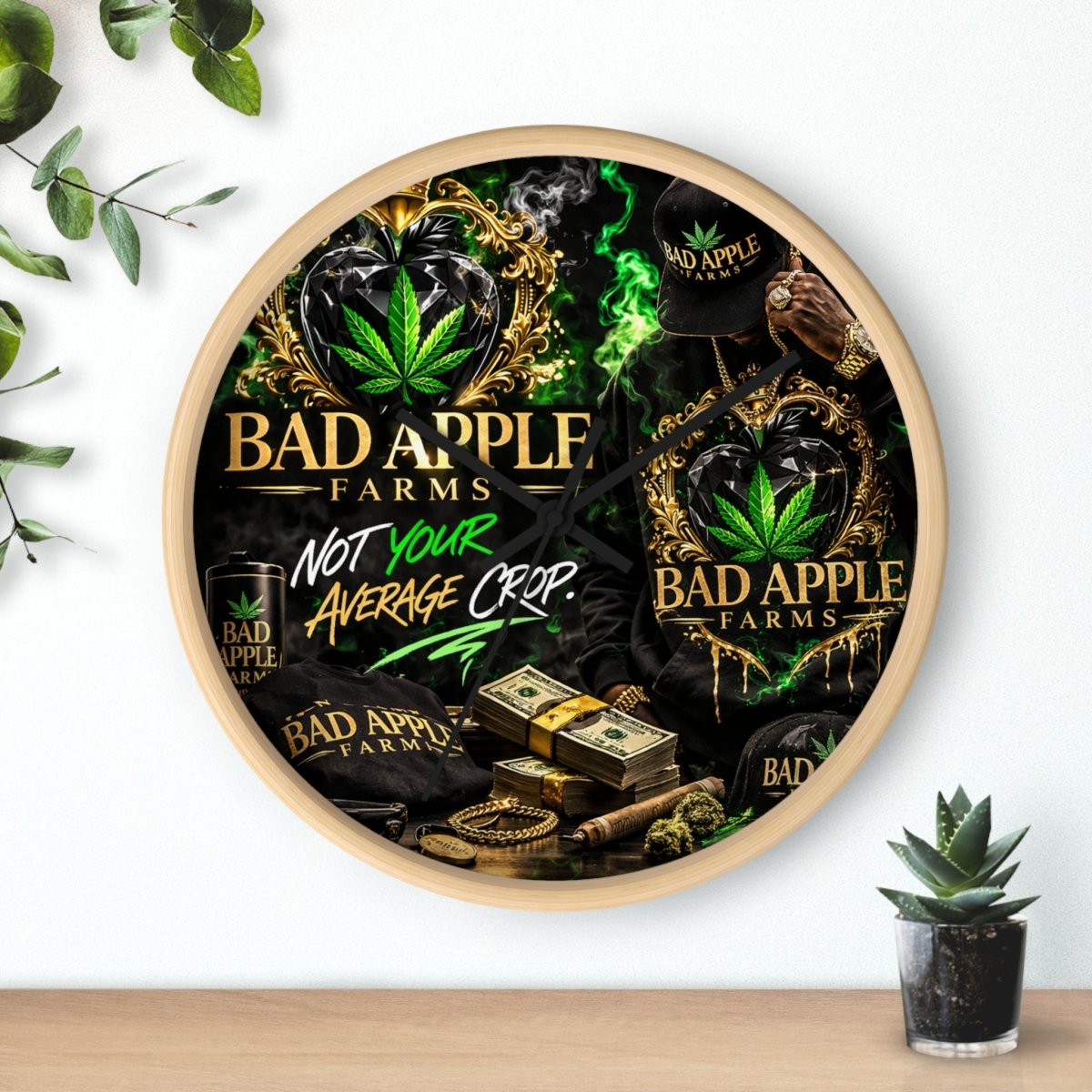 Bad Apple Farms Wall Clock — "Not Your Average Crop" Cannabis Decor - BadApple Farms Cannabis Kings Co. By Golden Apple Connections