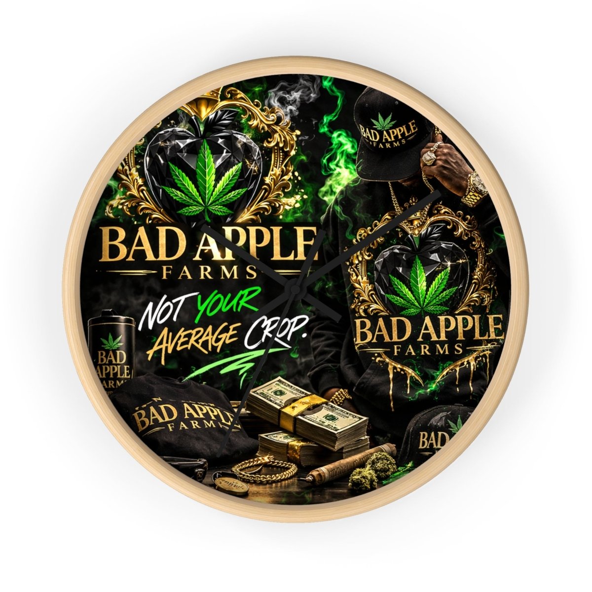 Bad Apple Farms Wall Clock — "Not Your Average Crop" Cannabis Decor - BadApple Farms Cannabis Kings Co. By Golden Apple Connections