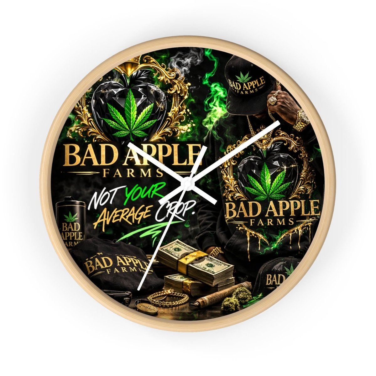 Bad Apple Farms Wall Clock — "Not Your Average Crop" Cannabis Decor - BadApple Farms Cannabis Kings Co. By Golden Apple Connections