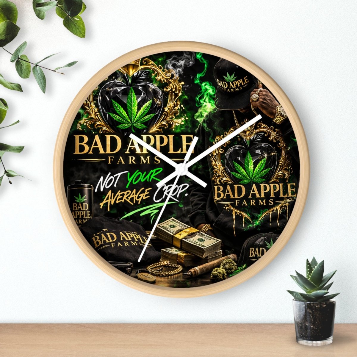 Bad Apple Farms Wall Clock — "Not Your Average Crop" Cannabis Decor - BadApple Farms Cannabis Kings Co. By Golden Apple Connections