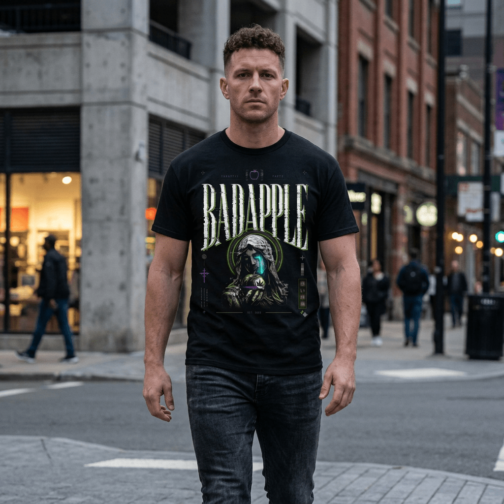 Badapple Graphic Tee gothic vintage T-shirt with haloed figure, glowing apple, distressed text, and black cotton fabric
